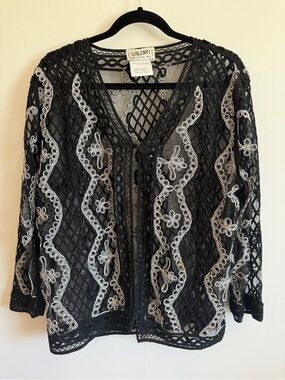 Valenti Black Mesh Embroidered Open Front Jacket Boho Festival Medium